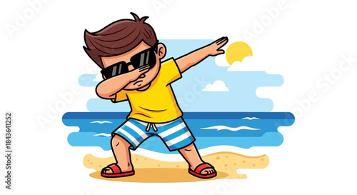 Cartoon Boy Dabbing on Beach Enjoying Summer Vacation with Joy and Happiness