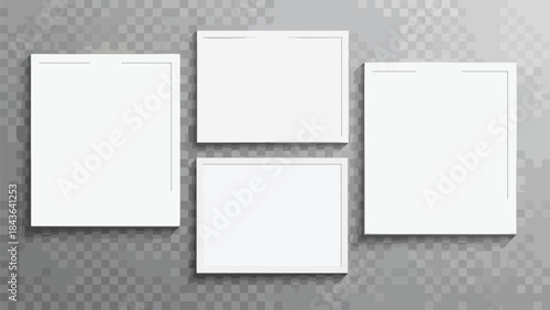 Four blank white frames arranged on a gray checkered background with subtle shadows, perfect for mockups.