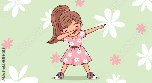 Cartoon illustration of a girl dabbing in a pink floral dress on a flower background