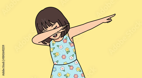 Cartoon girl dabbing in a floral dress against a yellow background vector illustration