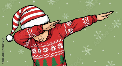 Festive Christmas Illustration of a Boy Dabbing in a Santa Hat and Ugly Sweater with Snowflakes