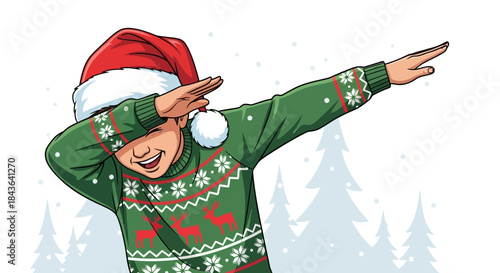 Festive Christmas Dab: A Boy in Santa Hat and Ugly Sweater Celebrates the Holiday Season
