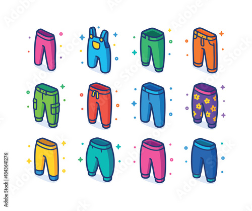 Colorful Kids Pants Icons. Kids pants. Colorful isometric vector