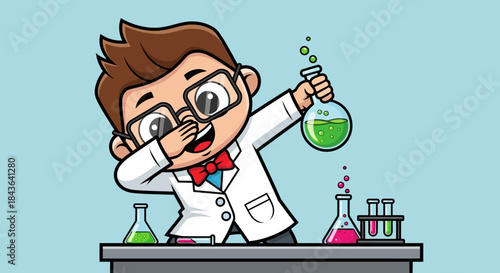 Cartoon scientist dabbing while holding a flask with green liquid in a lab setting is perfect for