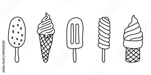 Ice Cream Icon Set. Popsicle and Cone Outline Vector Illustration