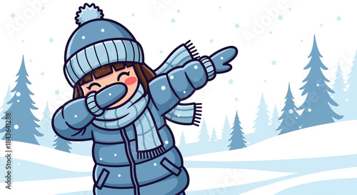 Cartoon illustration of a young girl doing the dab in a snowy winter wonderland landscape