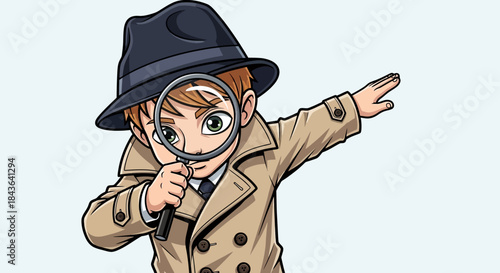 Cartoon detective in trench coat with magnifying glass searches for clues vector illustration