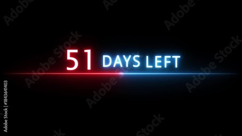 Neon countdown number.  51 Days neon text animation on black background.  Days countdown number.