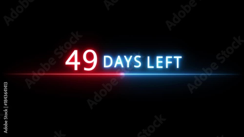 Neon countdown number.  49 Days neon text animation on black background.  Days countdown number.