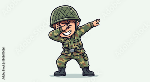 Cartoon army soldier character in camouflage uniform performing a dabbing pose on white background