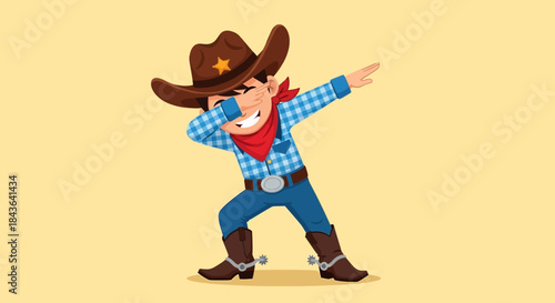Illustration of a cartoon cowboy dabbing in traditional western attire for kids fun