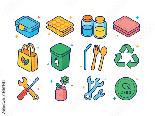 Zero Waste Icons. zero waste living. Colorful isometric vector i