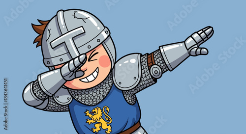 Cartoon knight with armor doing the dab, representing victory and success