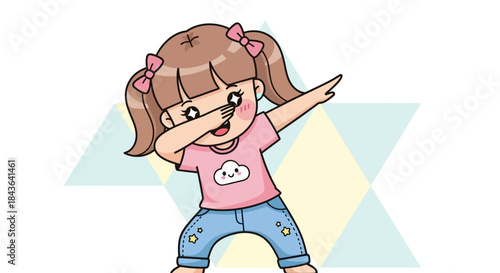 A cute cartoon girl with brown hair and pink bows striking a dab pose for celebration