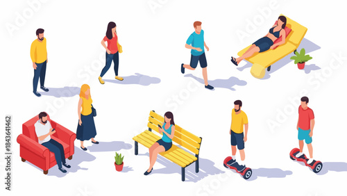 Modern Isometric People Set: Diverse Activities and Urban Lifestyle Illustrations on White Background.