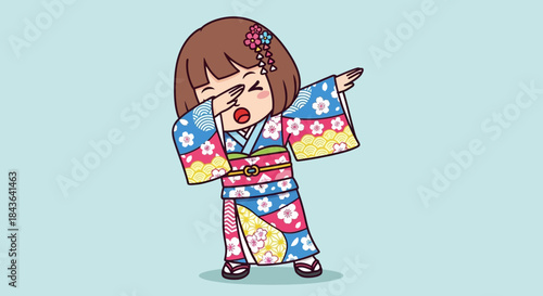 Cute Japanese girl in kimono dabbing cartoon illustration vector graphic over light blue background