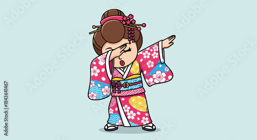 Illustration of a cute cartoon geisha girl in a kimono doing the dab dance pose