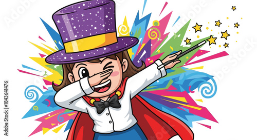 Cartoon magician girl with hat doing dab with magic wand and colorful background