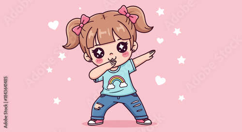 Adorable cartoon girl in a dab pose with pink background and cute decorations