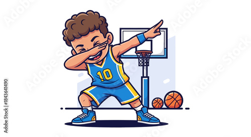 Cartoon basketball player character performing a dab, vector illustration with court background