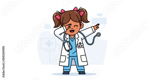 Illustration of a cheerful young doctor dabbing in a white coat and stethoscope promoting