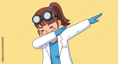 Cartoon female doctor in lab coat and goggles dabbing on yellow background illustration