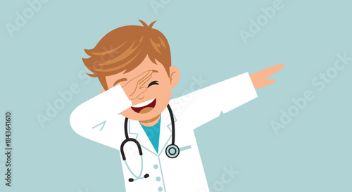 Cartoon doctor performing a dab dance move on a light blue background graphic