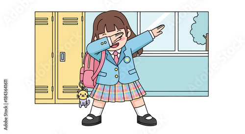 Illustration of a student girl doing a dab in school with lockers and window school illustration art