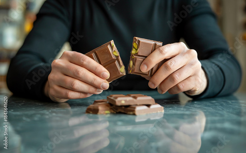 Hands Breaking Milk Chocolate Bar with Nuts into Pieces for Snack
