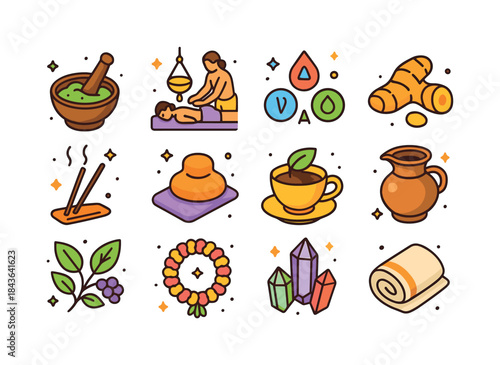 Ayurvedic Ritual Icons. Ayurvedic rituals. Colorful isometric ve