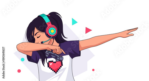 Animated gamer girl dabbing with a controller, enjoying digital entertainment and gaming life