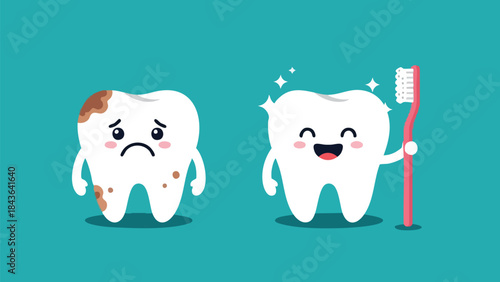 Sad and happy teeth before and after brushing, dental hygiene concept, cartoon characters.
