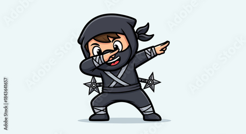 Cartoon ninja character dabbing with shurikens graphic illustration for kids concept