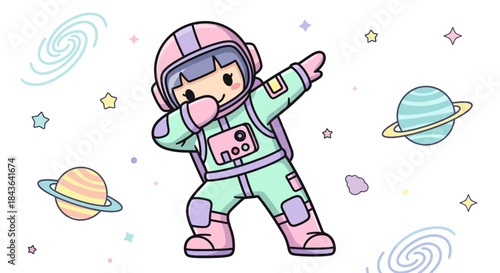 Astronaut cartoon character dabbing in space surrounded by planets and galaxies art