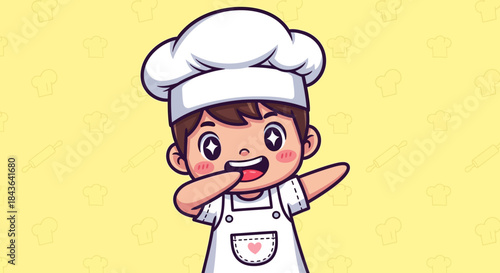 Cute cartoon chef character with chef's hat illustration on a yellow background showing baking or
