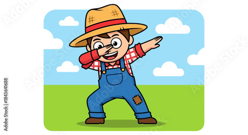 Cartoon farmer dabbing with straw hat on a farm backdrop adds joy and playful energy to