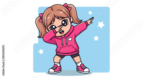 Cute Cartoon Girl Dabbing with Joyful Expression Against a Starry Sky Background