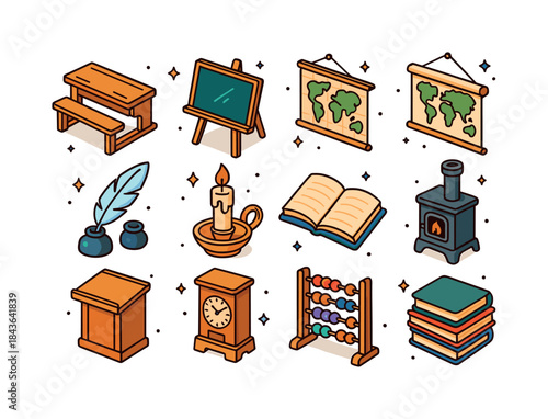 Vintage Classroom Icons. Old classrooms. Colorful isometric vect