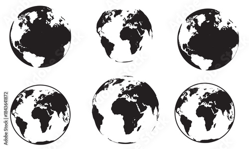Six different views of earth globe showing continents in black and white