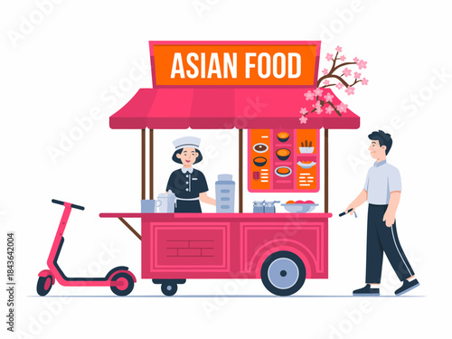 This visual depicts an Asian food cart operated by a cheerful chef, illustrating the culture of street food and culinary diversity in a vibrant urban setting.