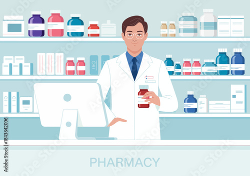A pharmacist standing behind a counter in a modern pharmacy, offering assistance and embodying professionalism and care in a well-organized healthcare setting.