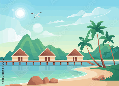 A tranquil beach resort setting featuring picturesque huts, clear waters, and lush mountains gives a sense of relaxation and an escape from the daily hustle.
