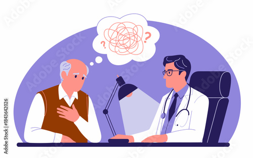 A physician consults with an elderly patient who appears confused, emphasizing the importance of clear communication and care in medical settings.