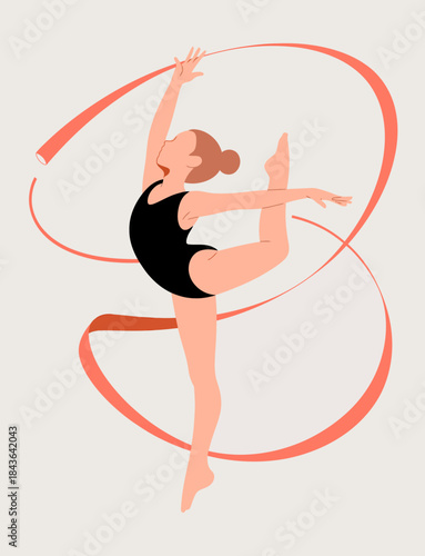 In this graceful image, a rhythmic gymnast is captured in mid-performance, showcasing fluid movement and coordination, while elegantly manipulating a flowing ribbon.