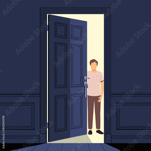 A young man stands at the threshold of a doorway, illuminated softly from behind, suggesting a moment of anticipation and curiosity in a mysterious environment.