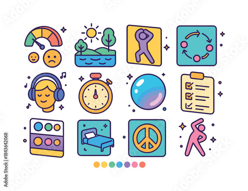 Colorful Stress Relief Icons. Stress Relief. Colorful isometric