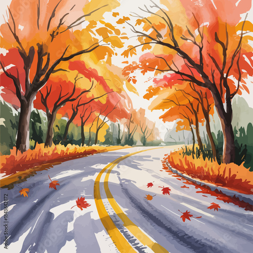 A scenic autumn road winding through vibrant trees in shades of orange and red, capturing the beauty of nature and the changing seasons.