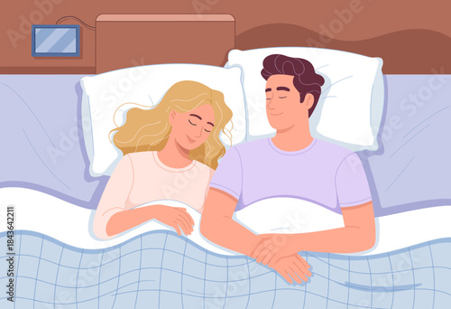A serene image of a couple enjoying a peaceful sleep together in a comfy bed, representing love and tranquility in a cozy bedroom setting, perfect for couples' themes.