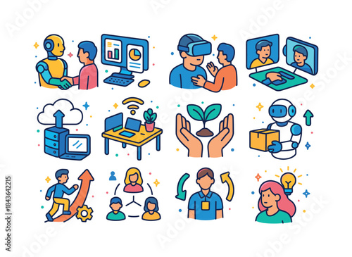 Isometric Future Work Icons. Future of work. Colorful isometric