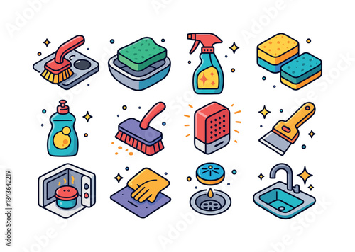 Colorful Kitchen Cleaning Icons. kitchen cleaning tricks. Colorf